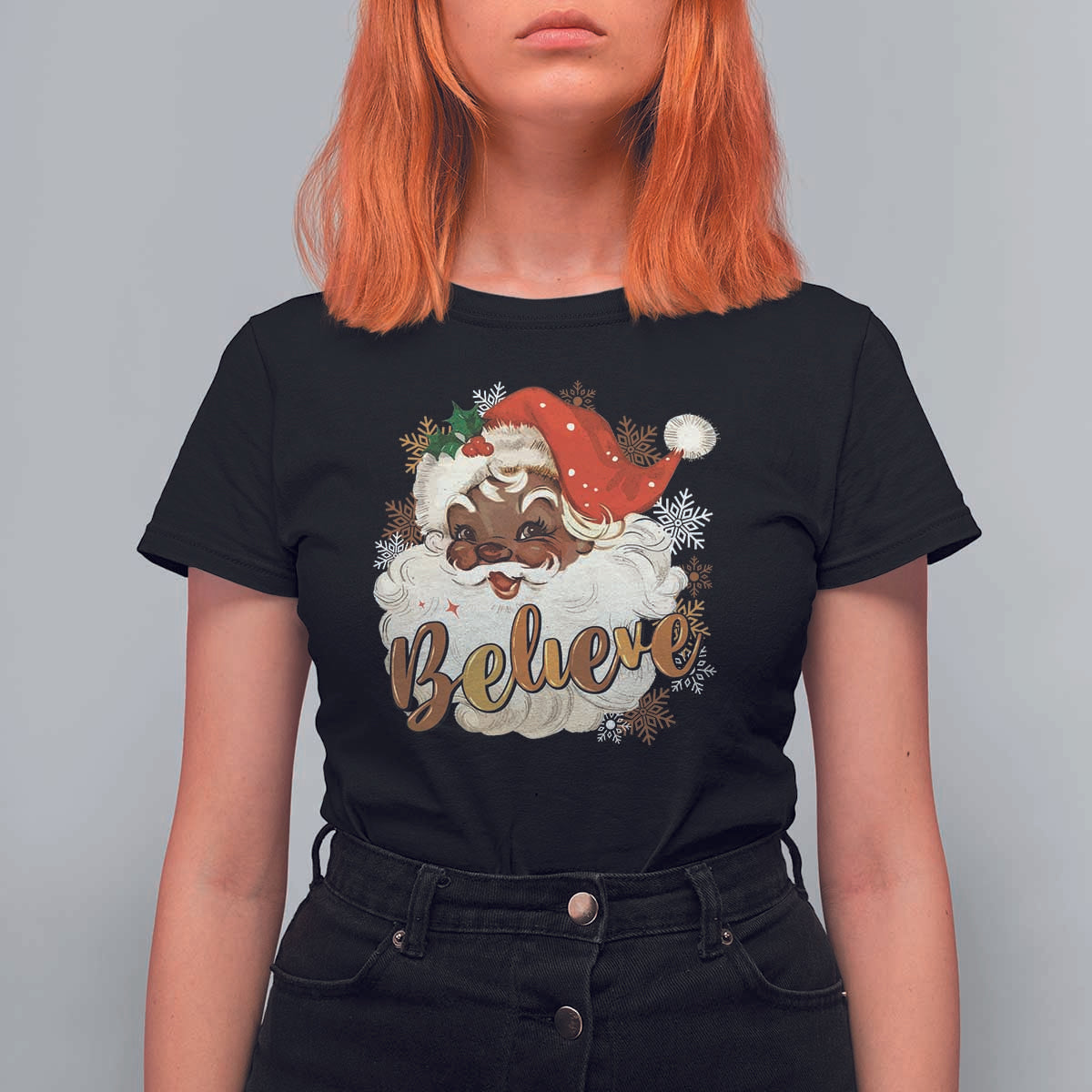 Funny Retro Black Santa Christmas T Shirt For Women Believe African American Xmas - Wonder Print Shop