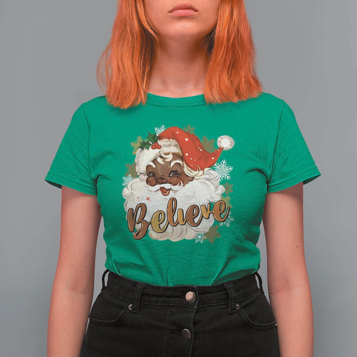 Funny Retro Black Santa Christmas T Shirt For Women Believe African American Xmas - Wonder Print Shop