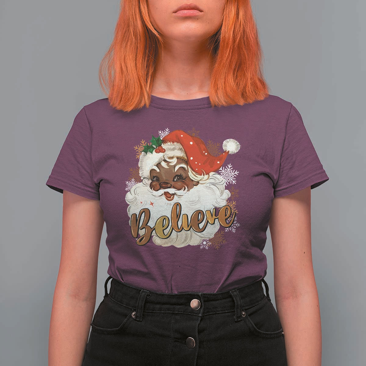 Funny Retro Black Santa Christmas T Shirt For Women Believe African American Xmas - Wonder Print Shop