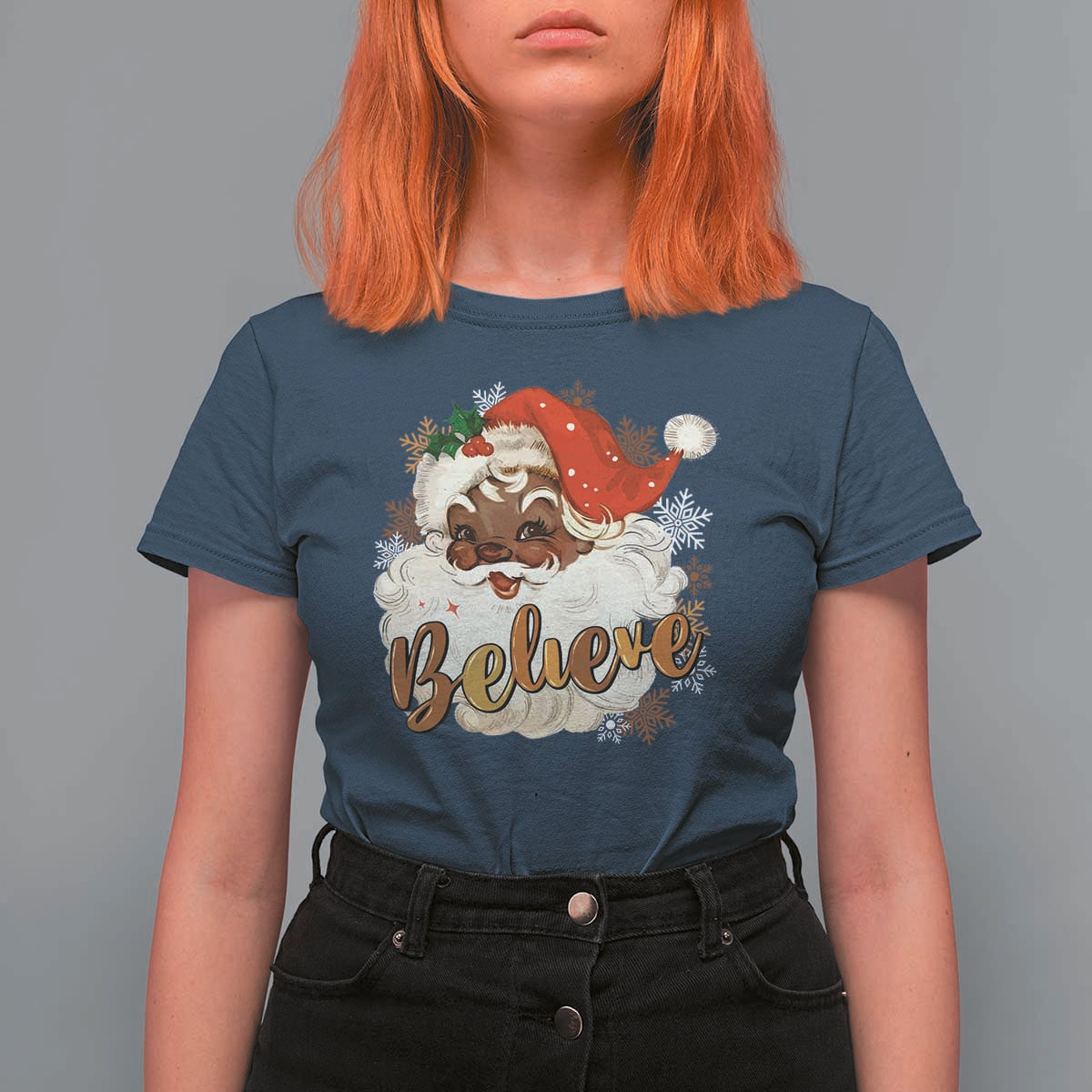 Funny Retro Black Santa Christmas T Shirt For Women Believe African American Xmas - Wonder Print Shop