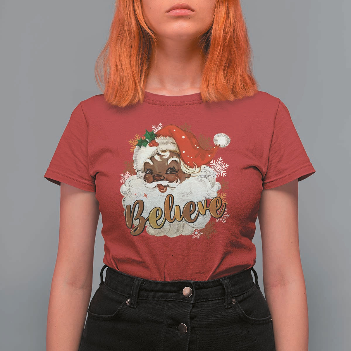 Funny Retro Black Santa Christmas T Shirt For Women Believe African American Xmas - Wonder Print Shop