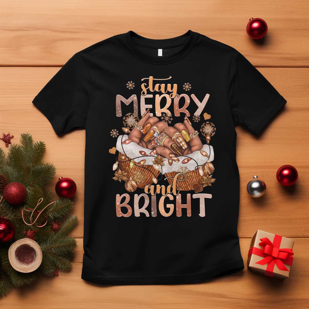 Funny African American Christmas T Shirt Stay Merry And Bright Black Melanin Girl - Wonder Print Shop