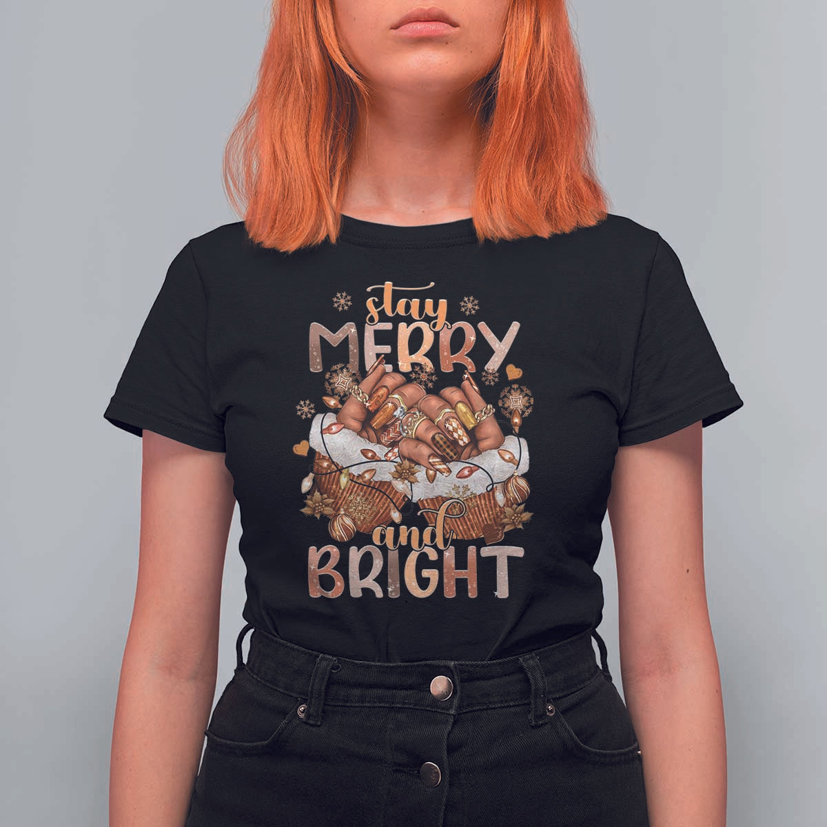 Funny African American Christmas T Shirt For Women Stay Merry And Bright Black Melanin Girl - Wonder Print Shop