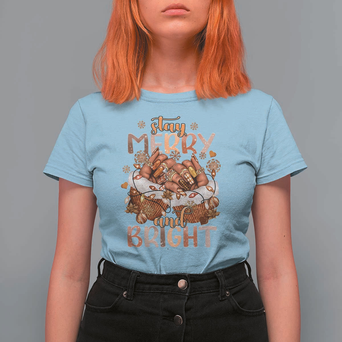 Funny African American Christmas T Shirt For Women Stay Merry And Bright Black Melanin Girl - Wonder Print Shop