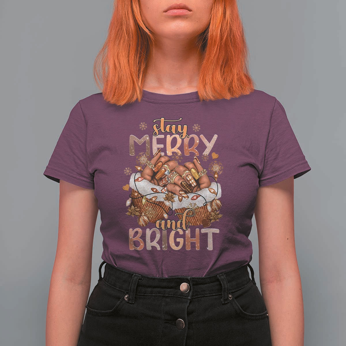 Funny African American Christmas T Shirt For Women Stay Merry And Bright Black Melanin Girl - Wonder Print Shop