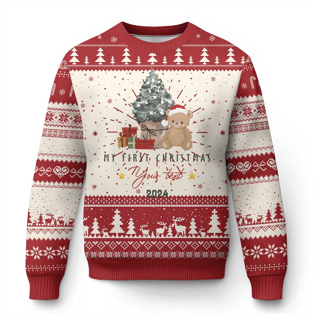 Personalized First Xmas Ugly Christmas Sweater Custom Name Toys Xmas Tree - Wonder Print Shop