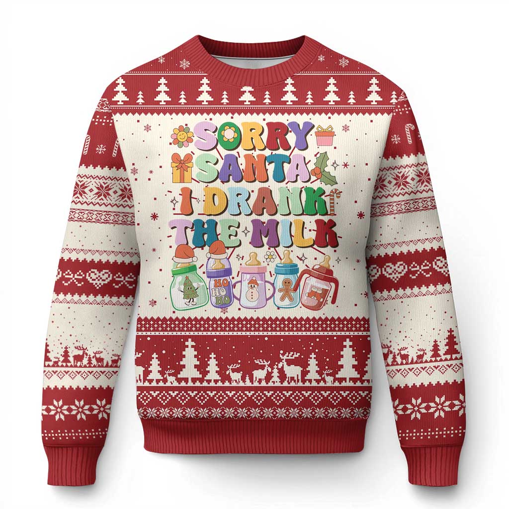 Funny First Xmas Ugly Christmas Sweater Sorry Santa I Drank The Milk Retro Baby Bottle - Wonder Print Shop