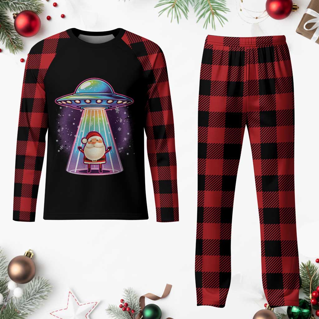 Funny Xmas Santa Alien Neon UFO Plaid Pajama Set - Wonder Print Shop