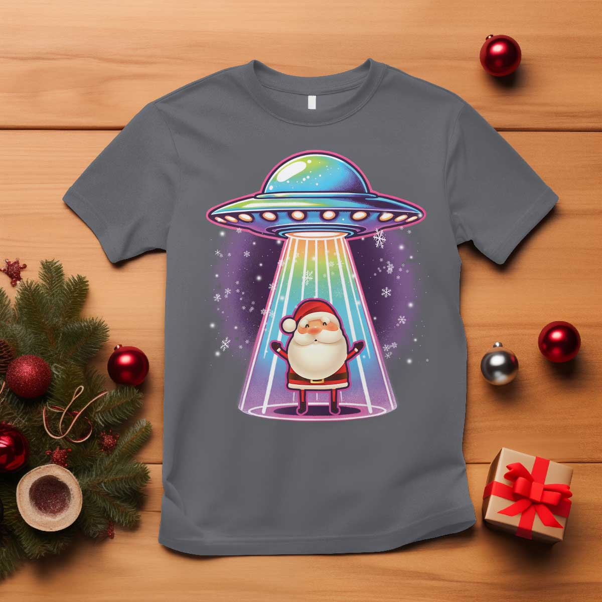 Funny Christmas Santa Alien Neon UFO T Shirt - Wonder Print Shop