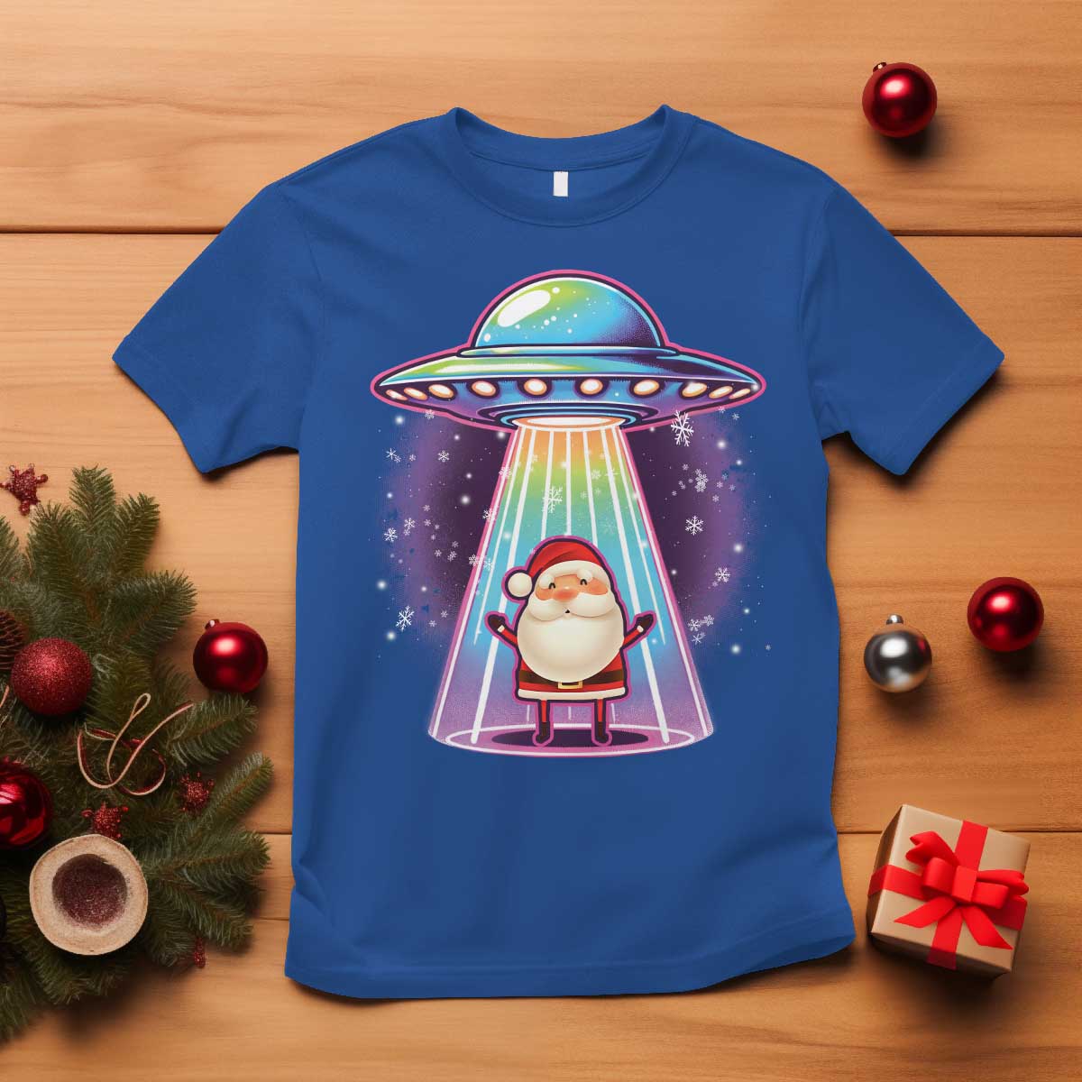 Funny Christmas Santa Alien Neon UFO T Shirt - Wonder Print Shop
