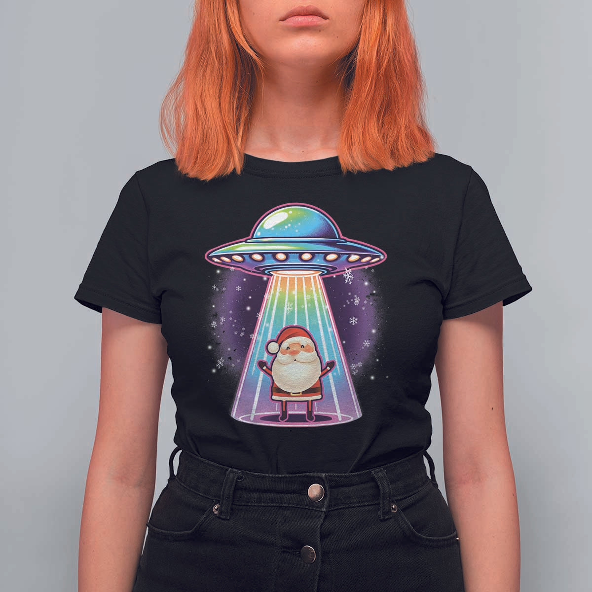 Funny Christmas Santa Alien Neon UFO T Shirt For Women - Wonder Print Shop