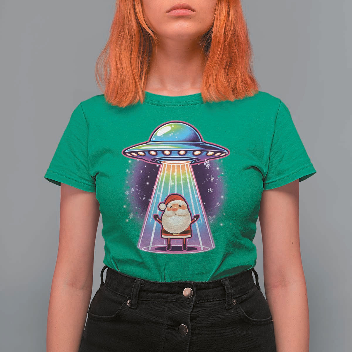 Funny Christmas Santa Alien Neon UFO T Shirt For Women - Wonder Print Shop