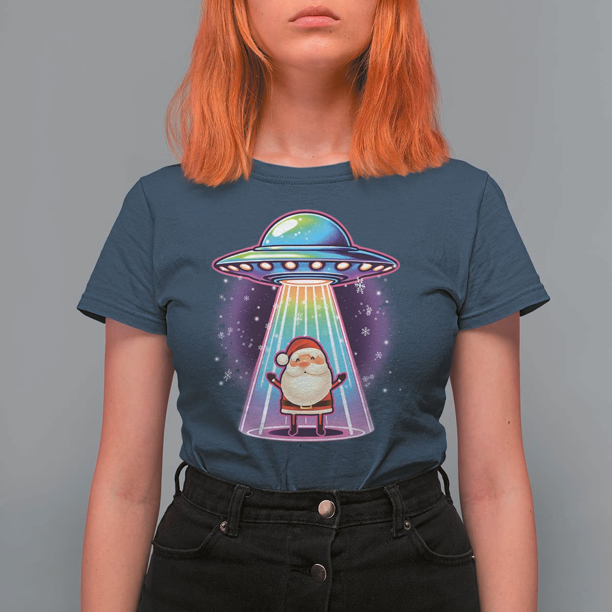 Funny Christmas Santa Alien Neon UFO T Shirt For Women - Wonder Print Shop