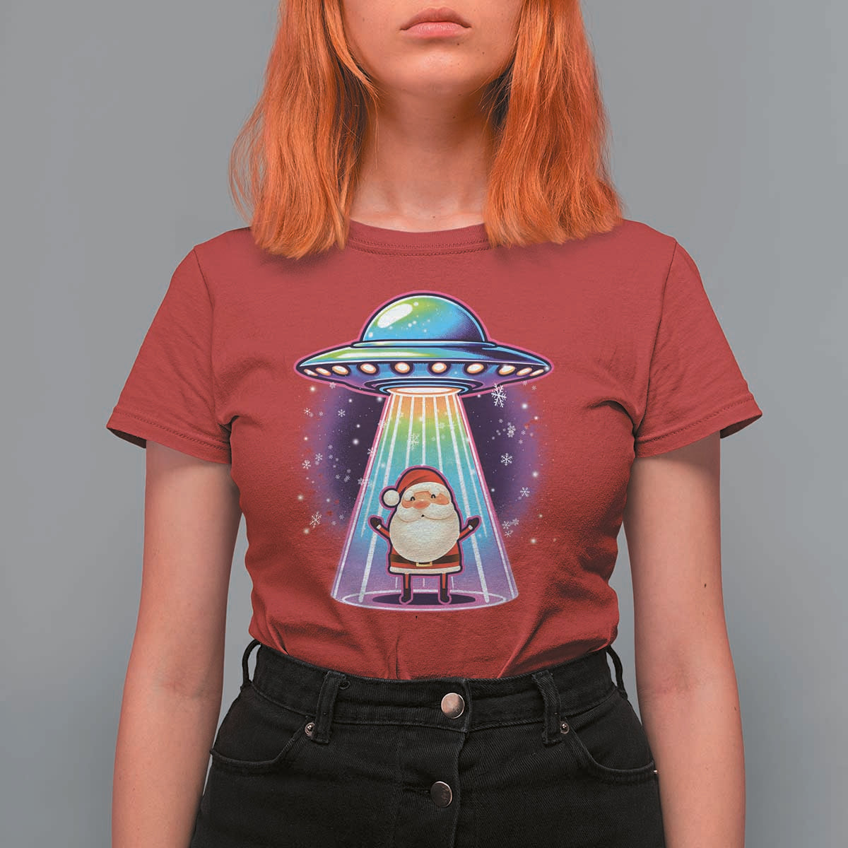Funny Christmas Santa Alien Neon UFO T Shirt For Women - Wonder Print Shop