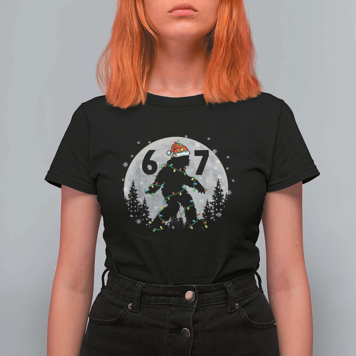 Funny Bigfoot 67 Christmas Night Stroll Moon Sasquatch T Shirt For Women - Wonder Print Shop