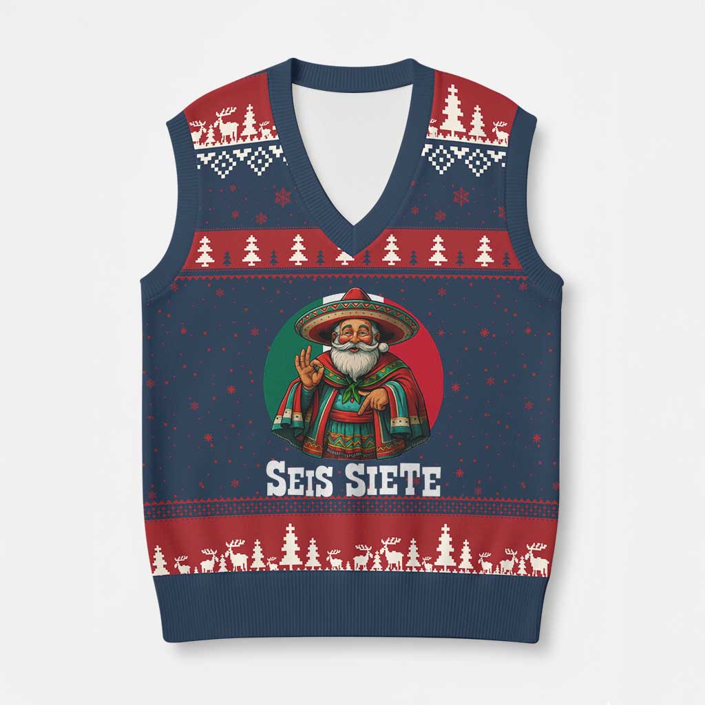 Funny Mexican Xmas 67 V-Neck Knit Sweater Vest Seis Siete Santa In Mexico - Wonder Print Shop
