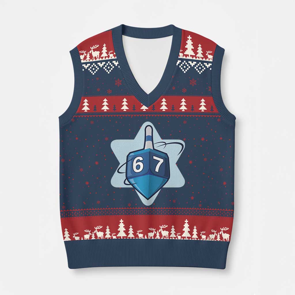 Funny Hanukkah 67 V-Neck Knit Sweater Vest Six Seven Meme Dreidel Star Of David - Wonder Print Shop
