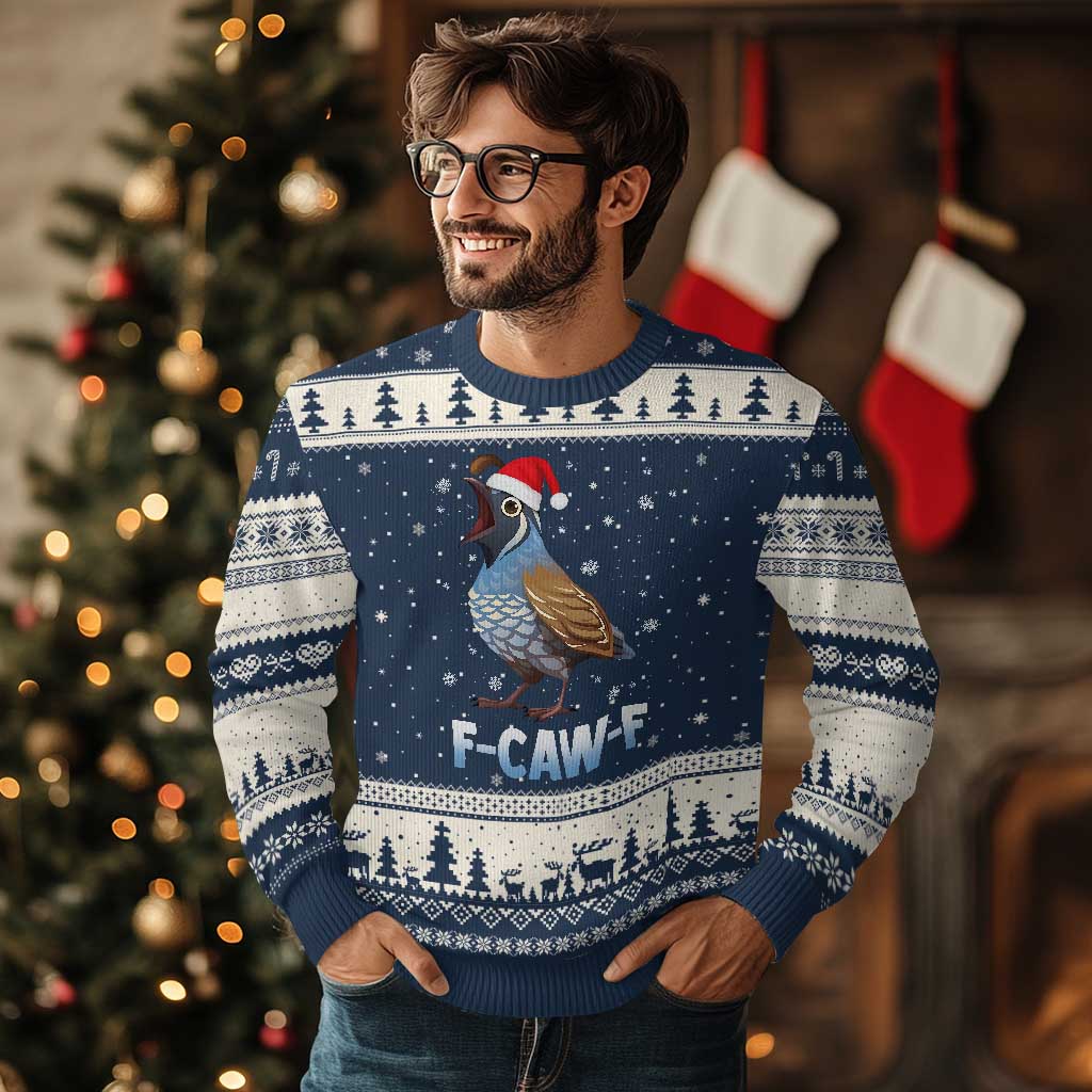Funny F Caw F Quail Xmas Ugly Christmas Sweater Cartoon Quail Bird Santa Hat Poultry Humor - Wonder Print Shop
