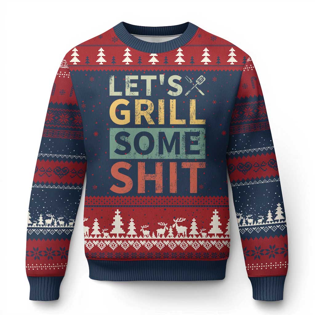 Funny BBQ Grilling Let's Grill Some Shit Ugly Christmas Sweater Retro Vintage Barbecue Father's Day - Wonder Print Shop