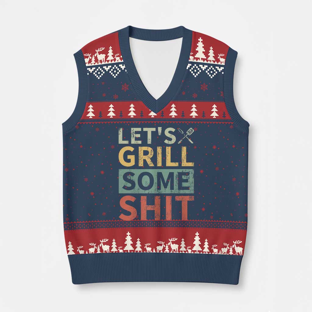 Funny BBQ Grilling Let's Grill Some Shit V-Neck Knit Sweater Vest Retro Vintage Barbecue Father's Day - Wonder Print Shop