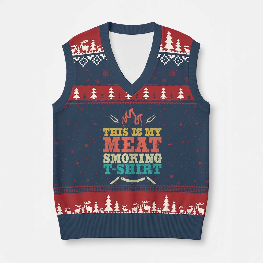 Funny Grilling BBQ V-Neck Knit Sweater Vest This Is My Meat Smoking Shirt Retro Fork Father's Day - Wonder Print Shop