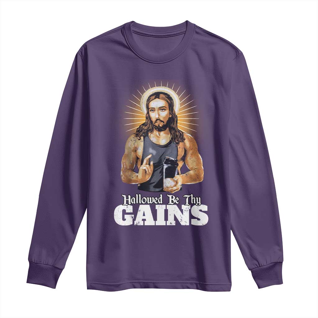 Funny Jesus Gym Workout Hallowed Be Thy Gains Long Sleeve Shirt Muscle Jesus Weightlifting