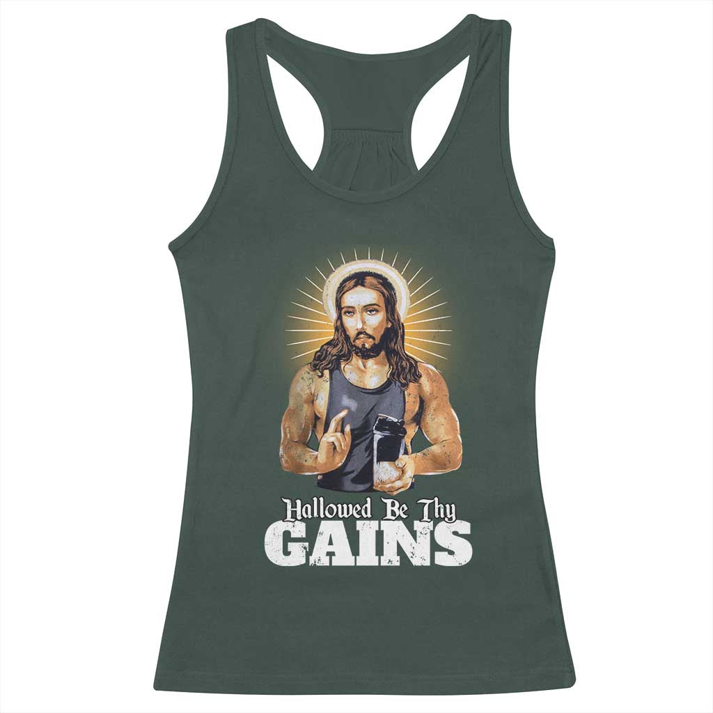 Funny Jesus Gym Workout Hallowed Be Thy Gains Racerback Tank Top Muscle Jesus Weightlifting