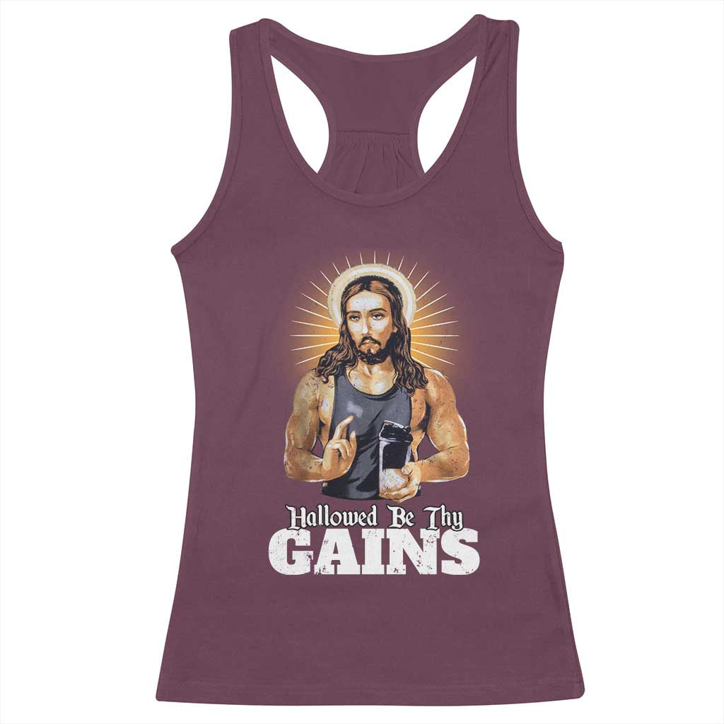 Funny Jesus Gym Workout Hallowed Be Thy Gains Racerback Tank Top Muscle Jesus Weightlifting