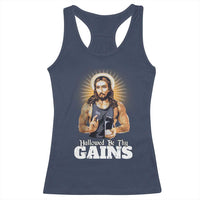 Funny Jesus Gym Workout Hallowed Be Thy Gains Racerback Tank Top Muscle Jesus Weightlifting