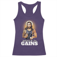 Funny Jesus Gym Workout Hallowed Be Thy Gains Racerback Tank Top Muscle Jesus Weightlifting