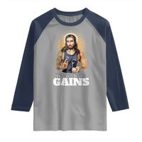 Funny Jesus Gym Workout Hallowed Be Thy Gains Raglan Shirt Muscle Jesus Weightlifting