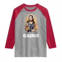 Funny Jesus Gym Workout Hallowed Be Thy Gains Raglan Shirt Muscle Jesus Weightlifting