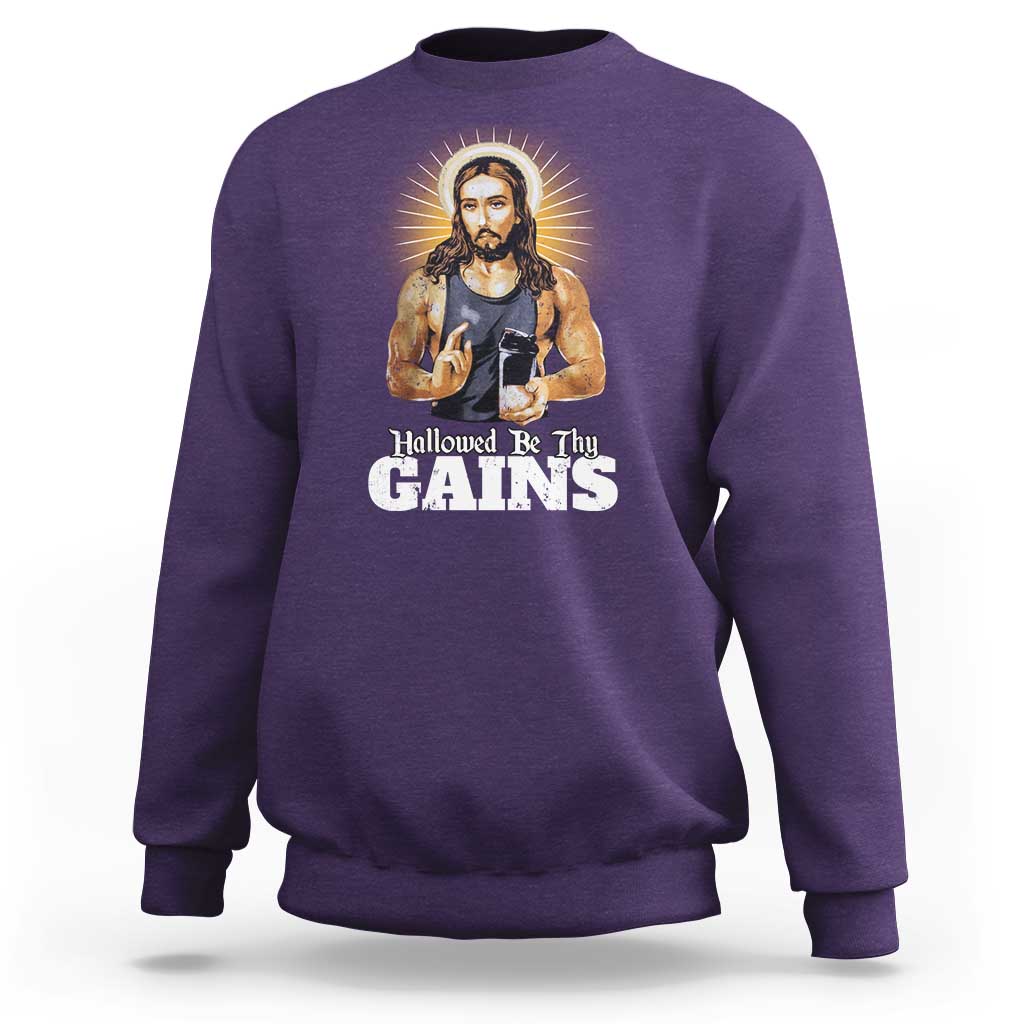 Funny Jesus Gym Workout Hallowed Be Thy Gains Sweatshirt Muscle Jesus Weightlifting
