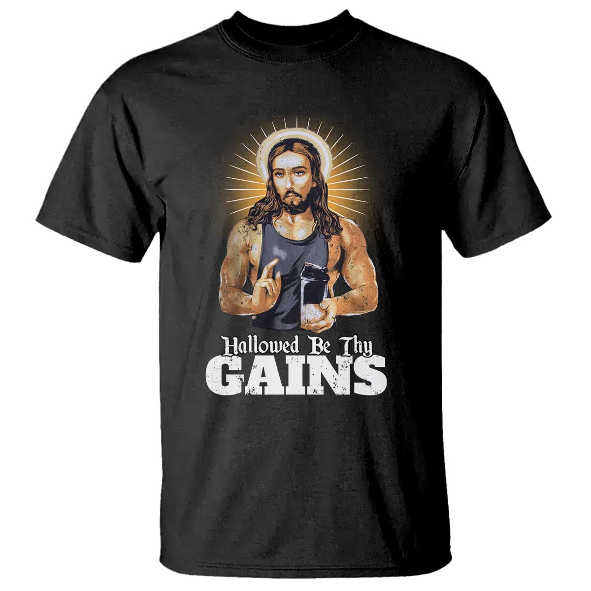 Funny Jesus Gym Workout Hallowed Be Thy Gains T Shirt Muscle Jesus Weightlifting - Wonder Print Shop