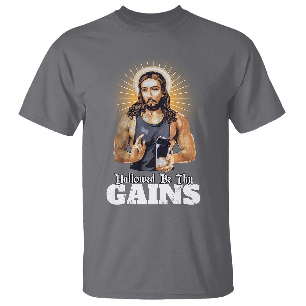Funny Jesus Gym Workout Hallowed Be Thy Gains T Shirt Muscle Jesus Weightlifting - Wonder Print Shop
