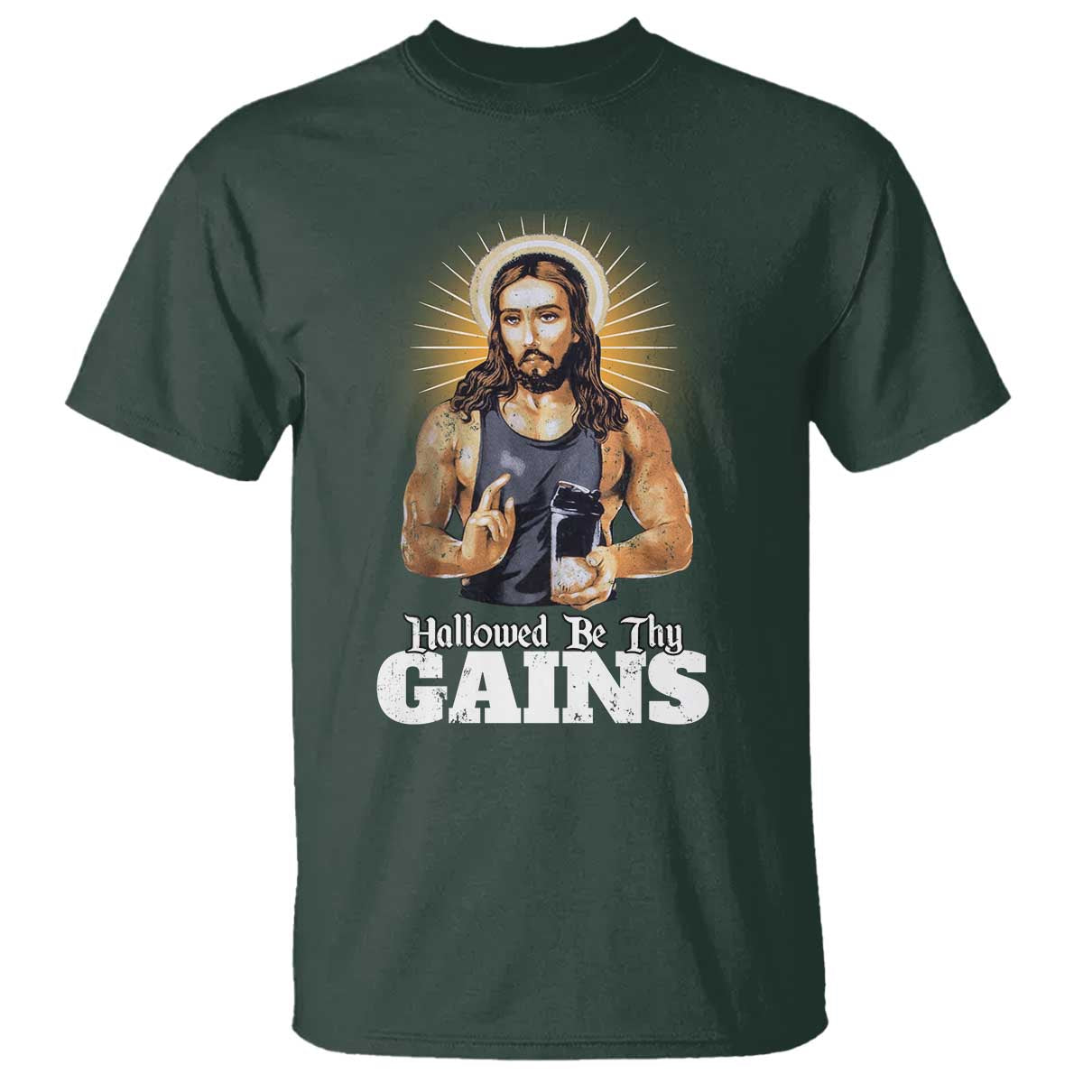 Funny Jesus Gym Workout Hallowed Be Thy Gains T Shirt Muscle Jesus Weightlifting - Wonder Print Shop
