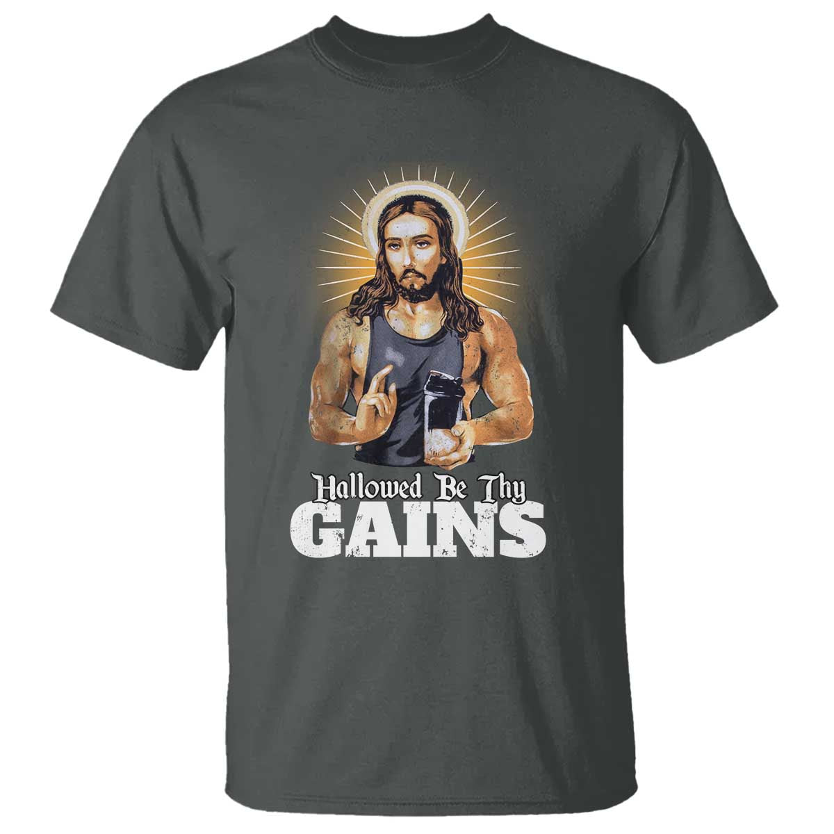 Funny Jesus Gym Workout Hallowed Be Thy Gains T Shirt Muscle Jesus Weightlifting - Wonder Print Shop