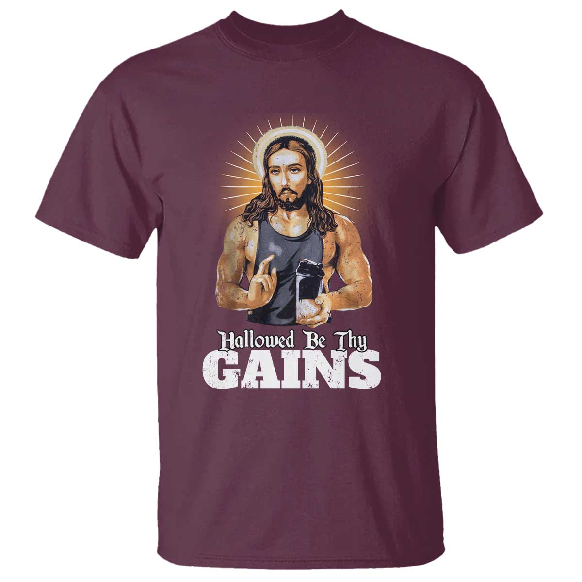Funny Jesus Gym Workout Hallowed Be Thy Gains T Shirt Muscle Jesus Weightlifting - Wonder Print Shop