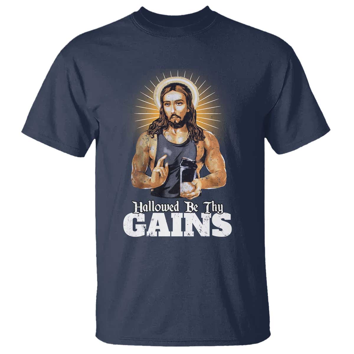 Funny Jesus Gym Workout Hallowed Be Thy Gains T Shirt Muscle Jesus Weightlifting - Wonder Print Shop