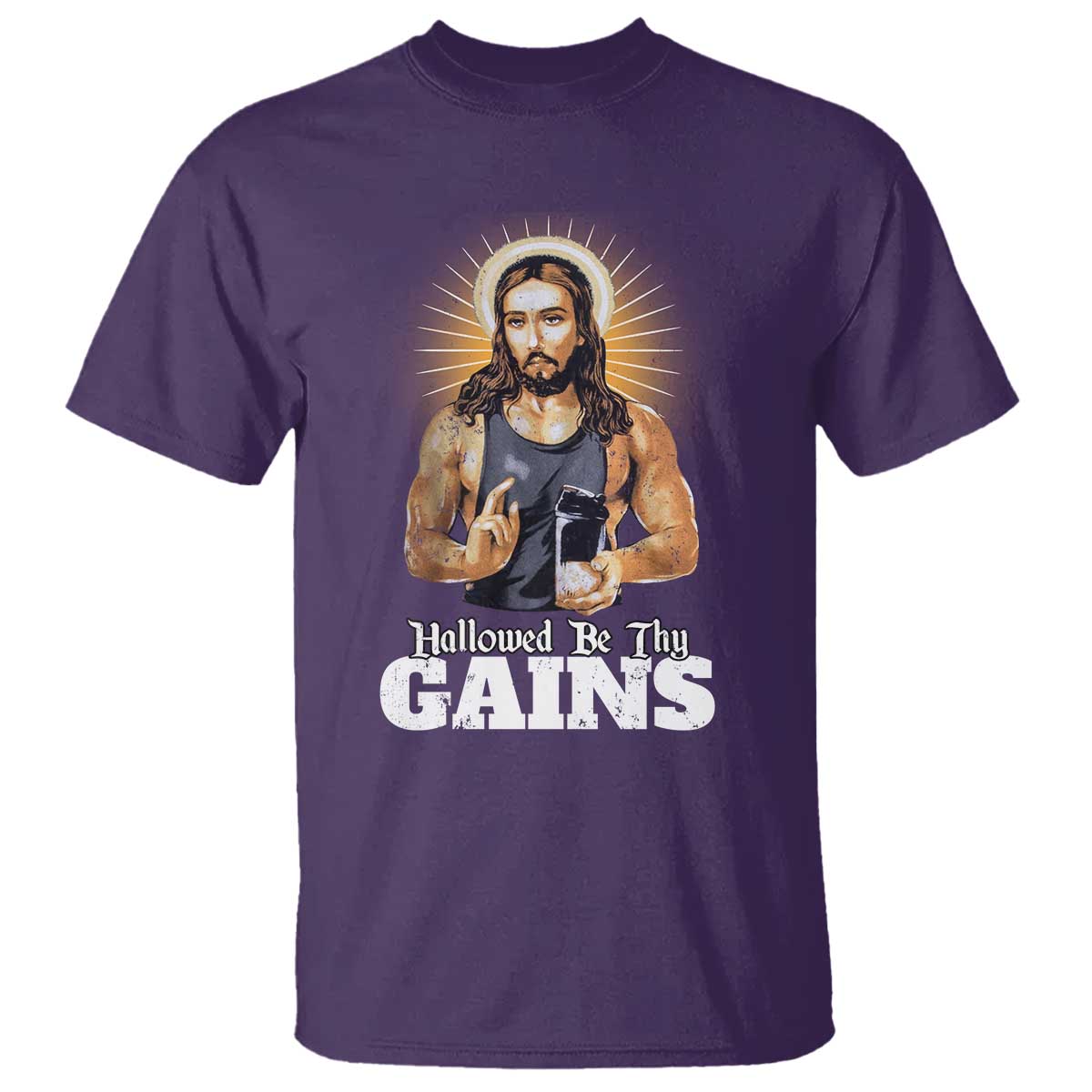 Funny Jesus Gym Workout Hallowed Be Thy Gains T Shirt Muscle Jesus Weightlifting - Wonder Print Shop