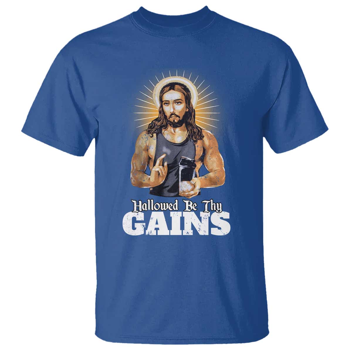 Funny Jesus Gym Workout Hallowed Be Thy Gains T Shirt Muscle Jesus Weightlifting - Wonder Print Shop