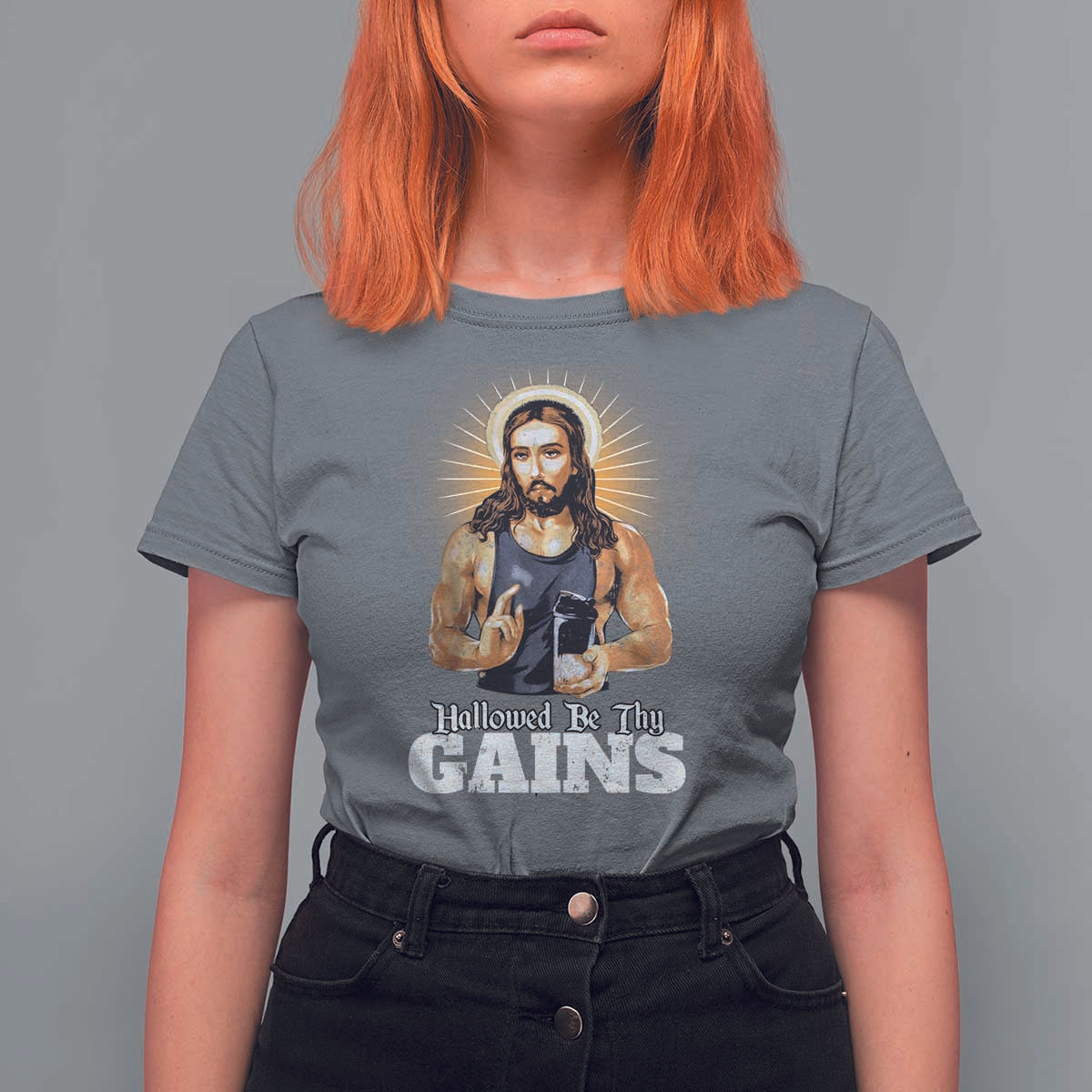 Funny Jesus Gym Workout Hallowed Be Thy Gains T Shirt For Women Muscle Jesus Weightlifting - Wonder Print Shop