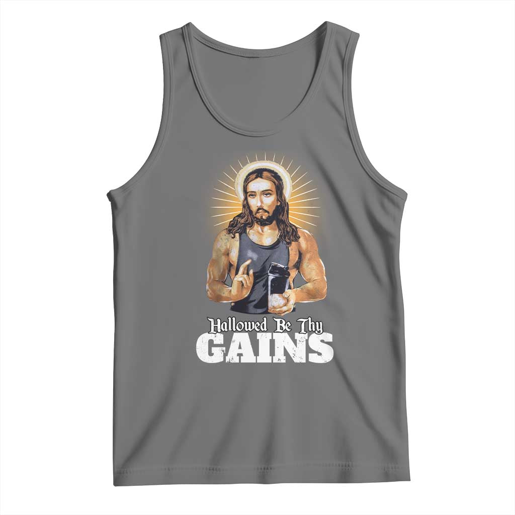 Funny Jesus Gym Workout Hallowed Be Thy Gains Tank Top Muscle Jesus Weightlifting
