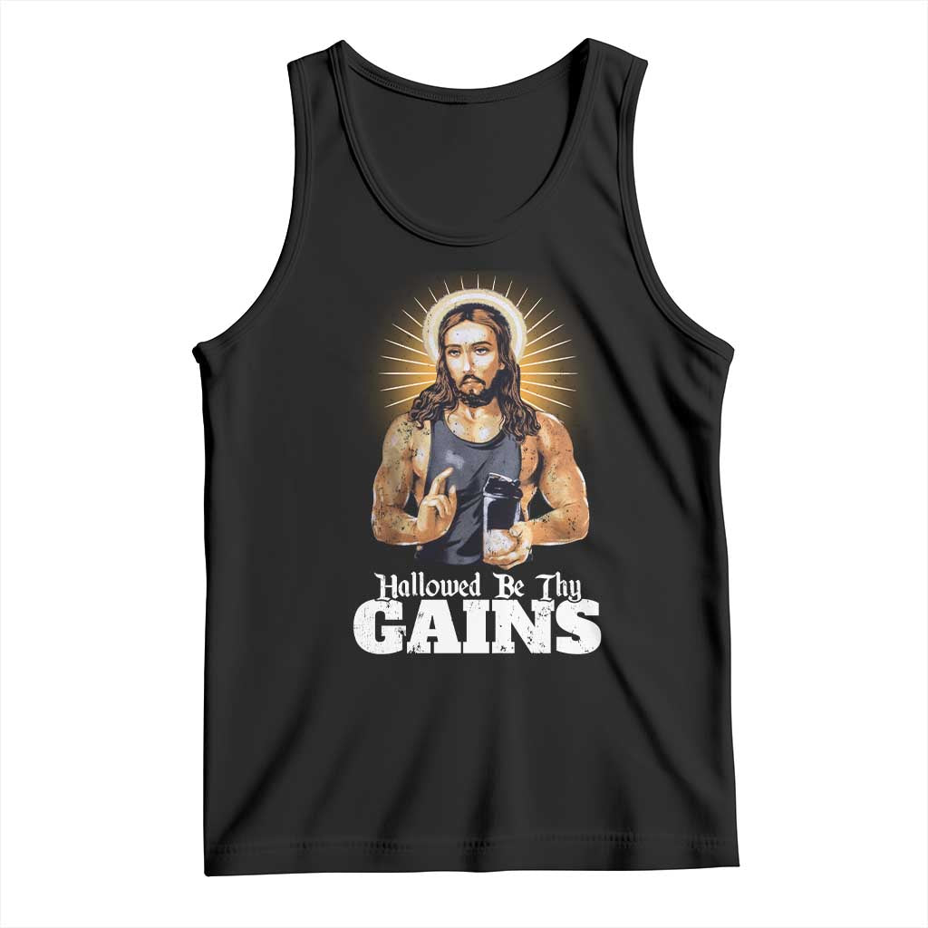 Funny Jesus Gym Workout Hallowed Be Thy Gains Tank Top Muscle Jesus Weightlifting