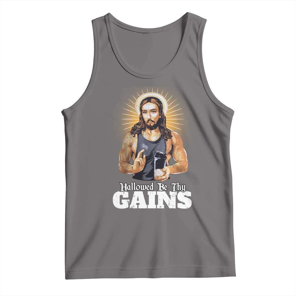 Funny Jesus Gym Workout Hallowed Be Thy Gains Tank Top Muscle Jesus Weightlifting