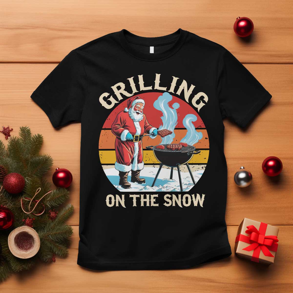 Funny Christmas Grilling Santa T Shirt Grilling On The Snow - Wonder Print Shop