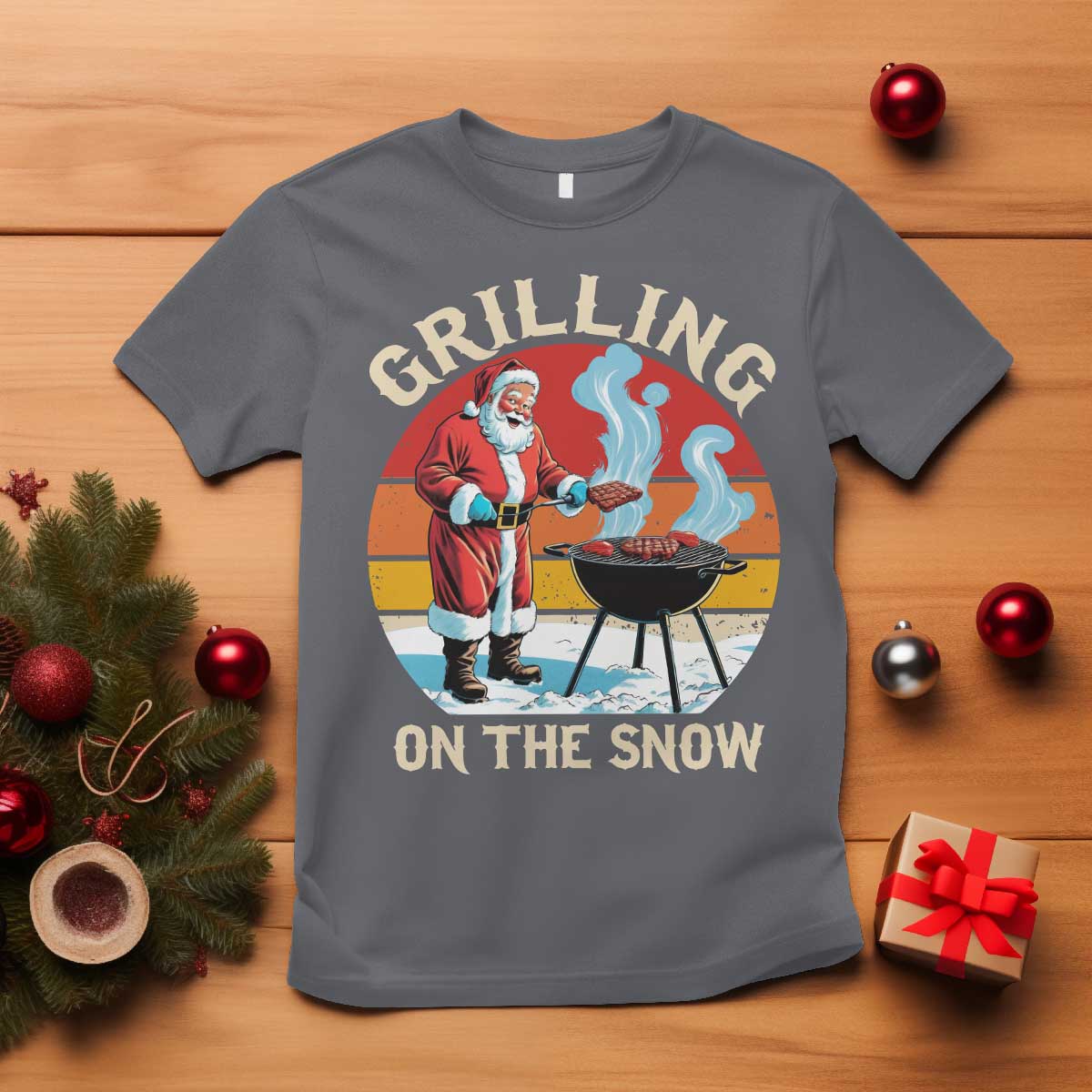 Funny Christmas Grilling Santa T Shirt Grilling On The Snow - Wonder Print Shop