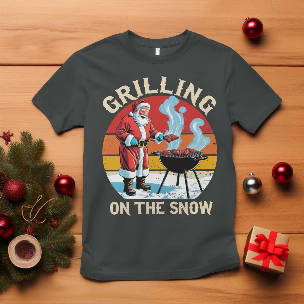 Funny Christmas Grilling Santa T Shirt Grilling On The Snow - Wonder Print Shop