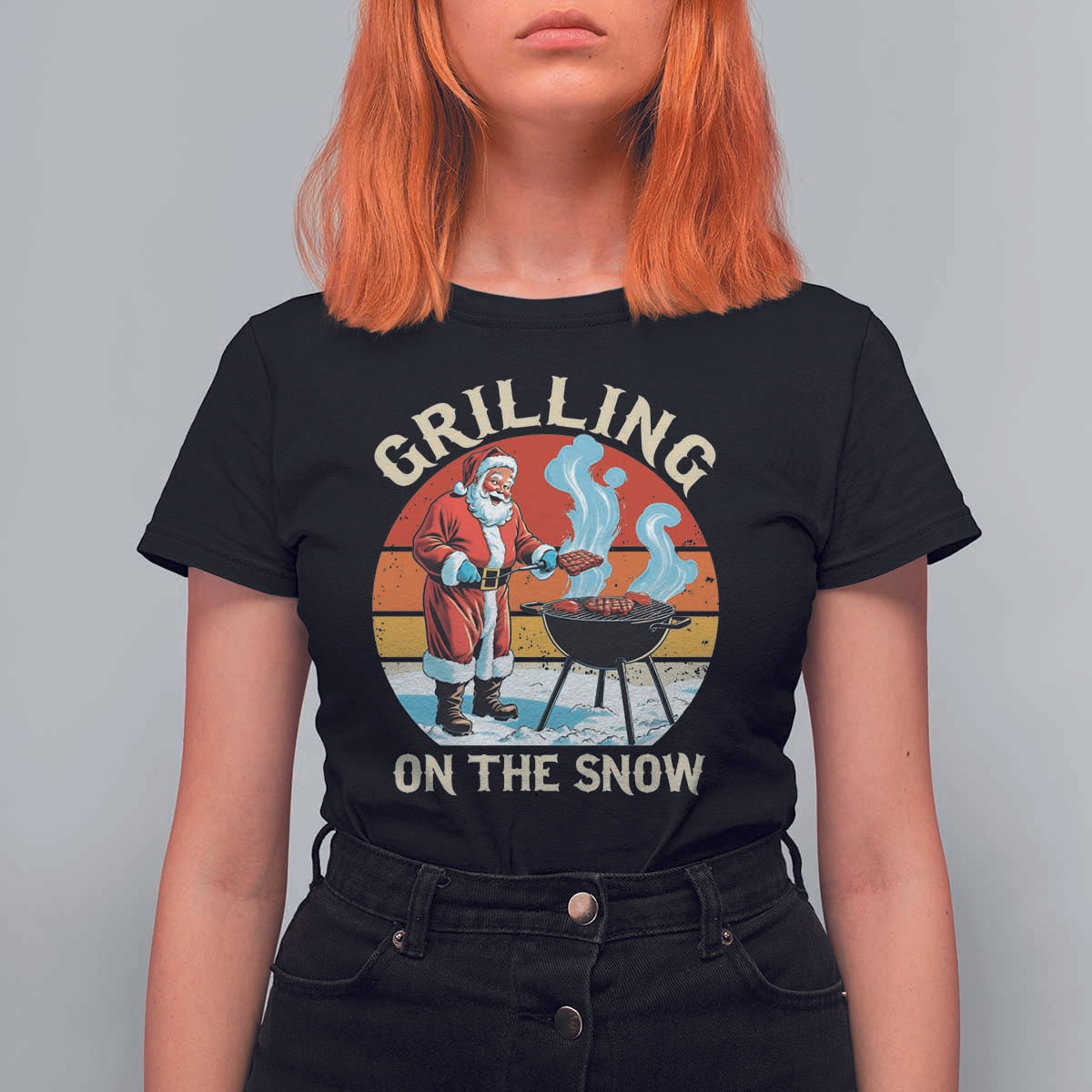 Funny Christmas Grilling Santa T Shirt For Women Grilling On The Snow - Wonder Print Shop