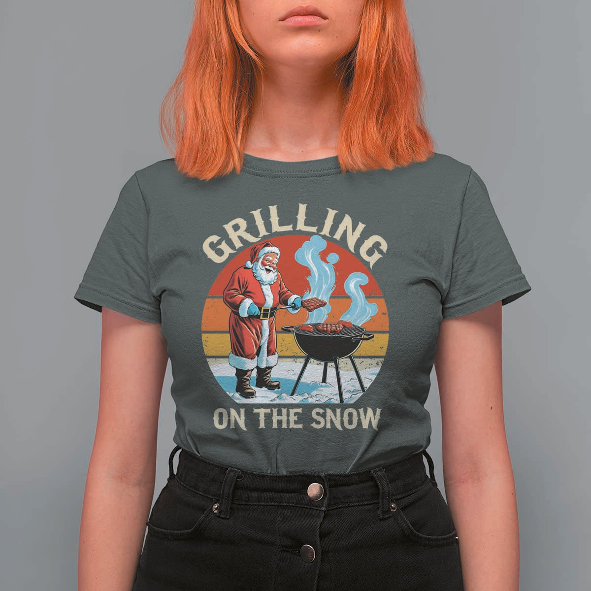 Funny Christmas Grilling Santa T Shirt For Women Grilling On The Snow - Wonder Print Shop